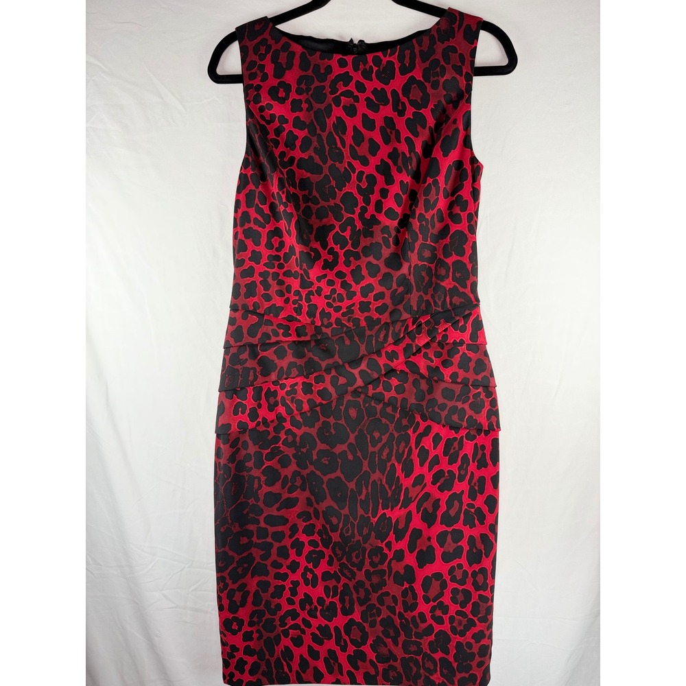 Cache Red Black Leopard Print Sleeveless Sheath Dress Pleated Waist Size 8